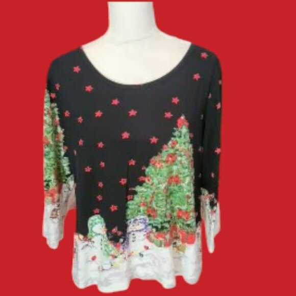 Collections ETC Long Sleeve Red Christmas Snowman Tree Pullover Top in Size L - Picture 1 of 4